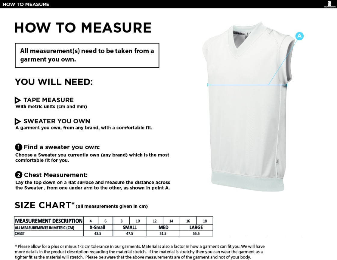 Baxenden CC Blast Sleeveless Women's Cricket Sweater - Size Guide