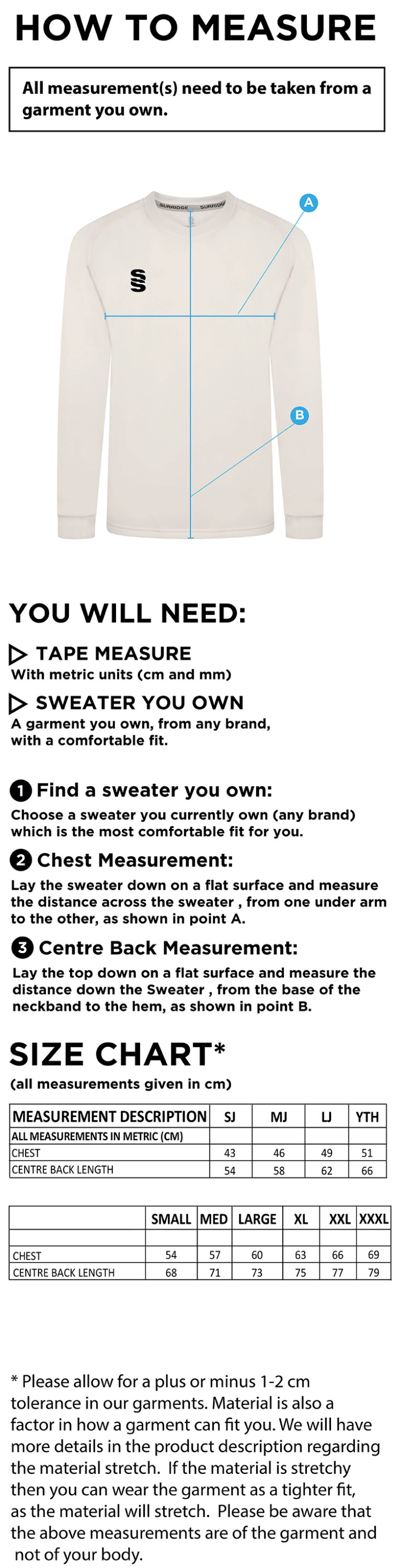 Baxenden CC Blast Long Sleeve Cricket Sweater - Size Guide