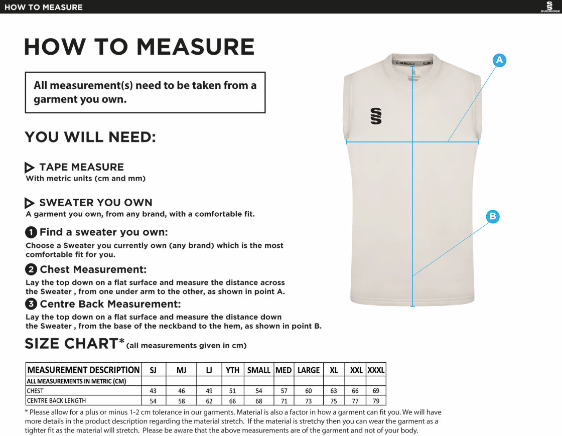 Baxenden CC Blast Sleeveless Cricket Sweater - Size Guide