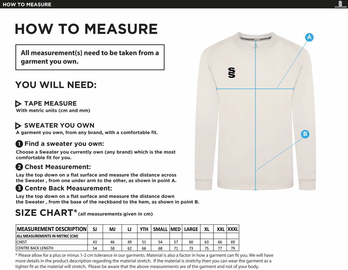 Baxenden CC Blast Long Sleeve Cricket Sweater - Size Guide