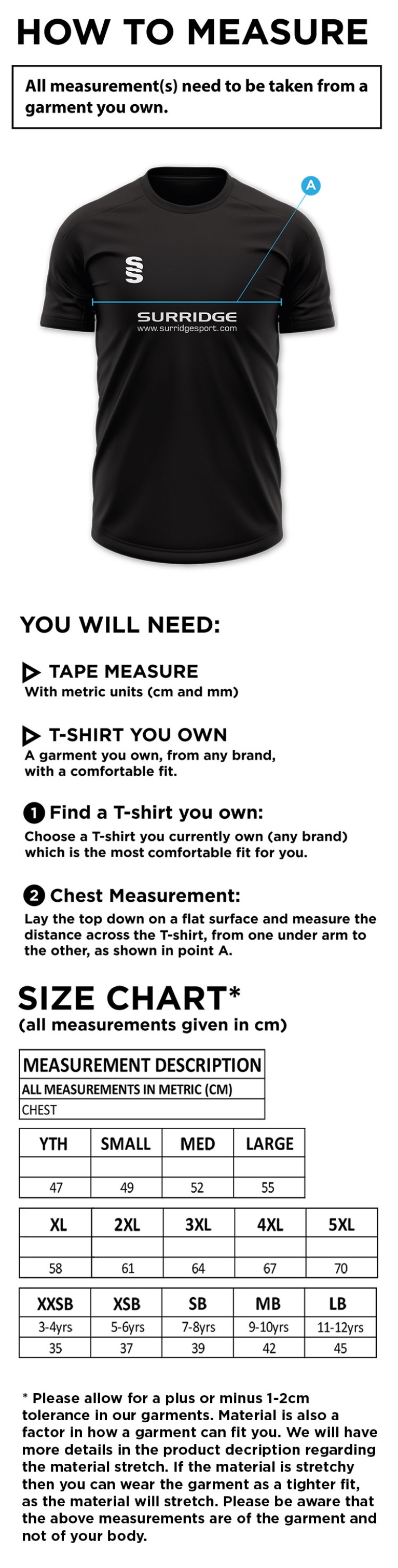 Baxenden Cricket Club Junior Blade Training Shirt - Size Guide