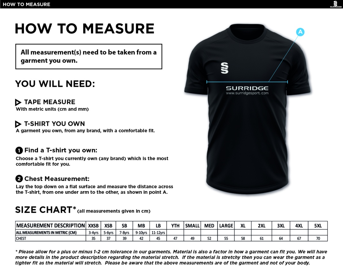 Baxenden Cricket Club Junior Blade Training Shirt - Size Guide