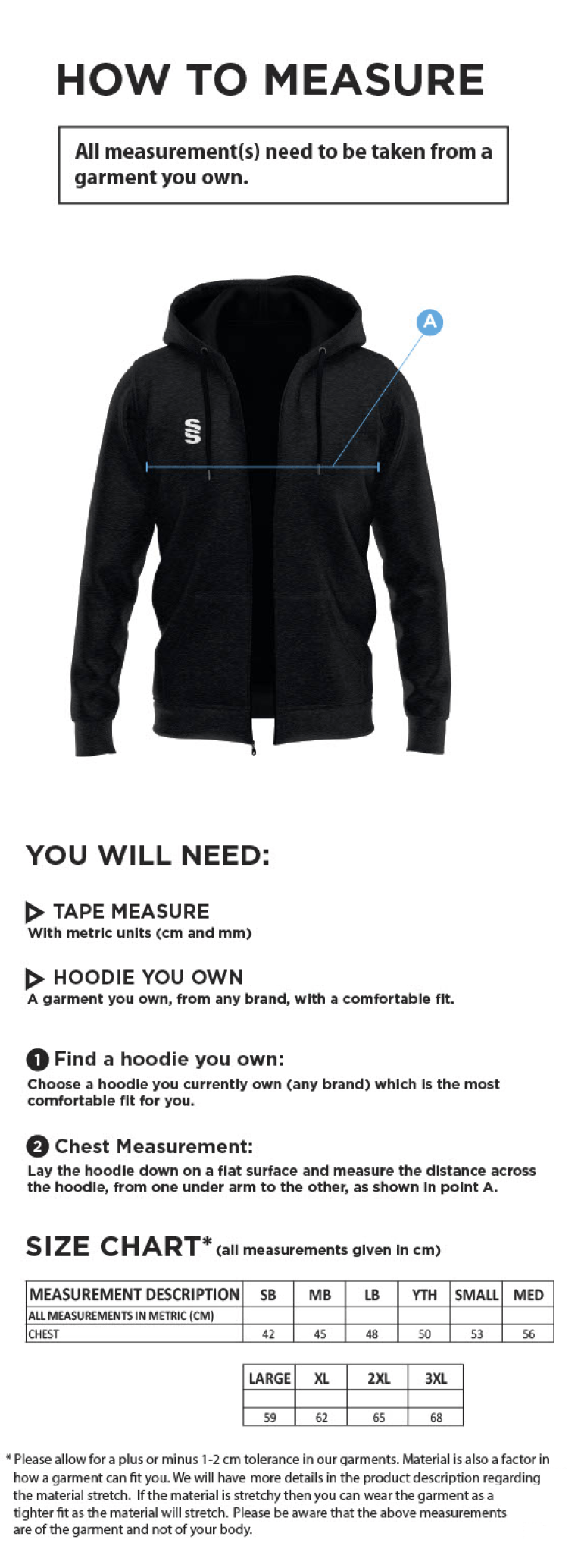 Baxenden Cricket Club Dual Hoody - Size Guide