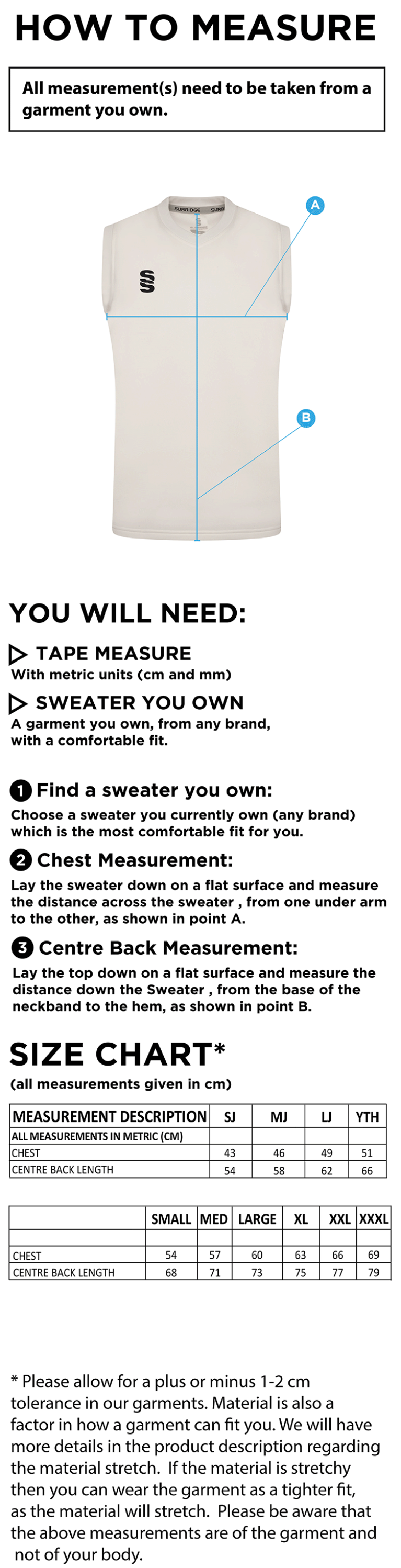 Baxenden CC Blast Sleeveless Cricket Sweater - Size Guide