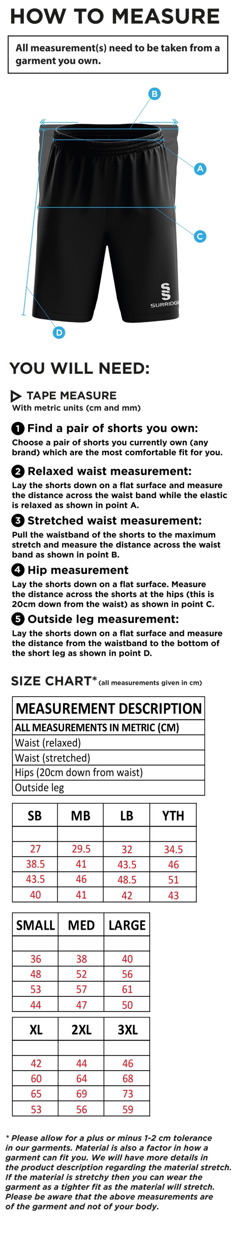 Baxenden Cricket Club Ripstop Short Navy - Size Guide