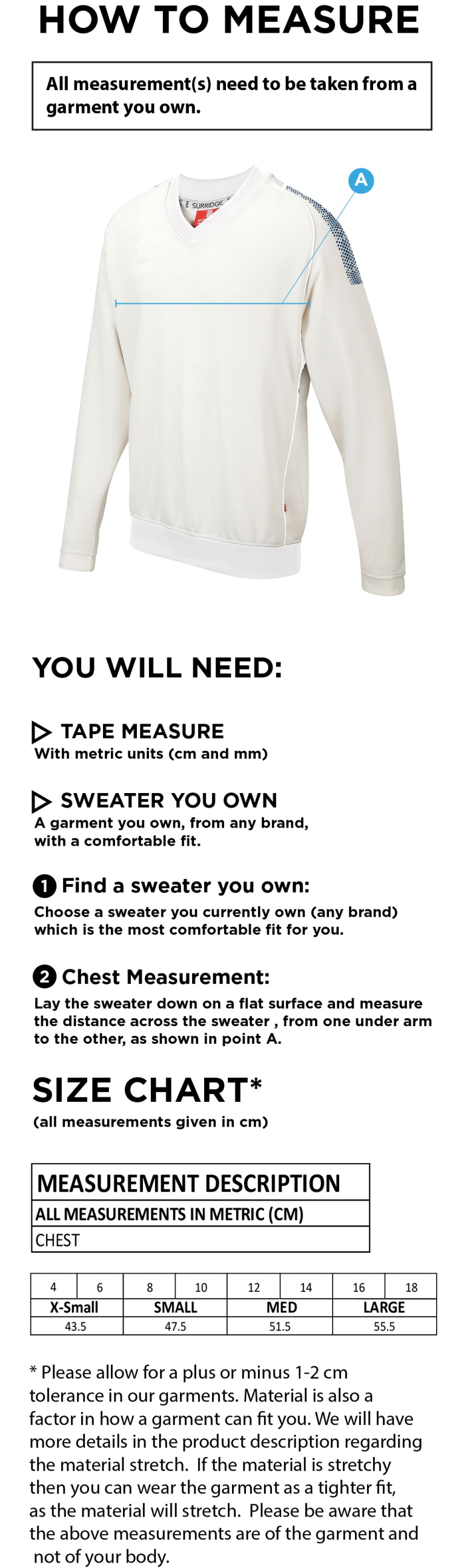 Baxenden CC Blast Long Sleeve Women's Cricket Sweater - Size Guide
