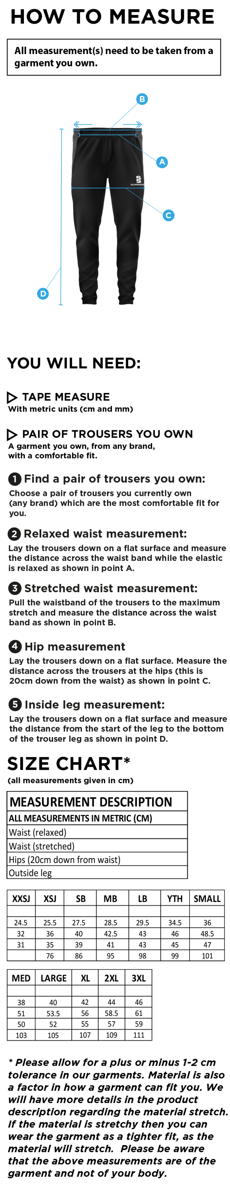 Baxenden Cricket Club Tek Navy Skinny Pants - Size Guide