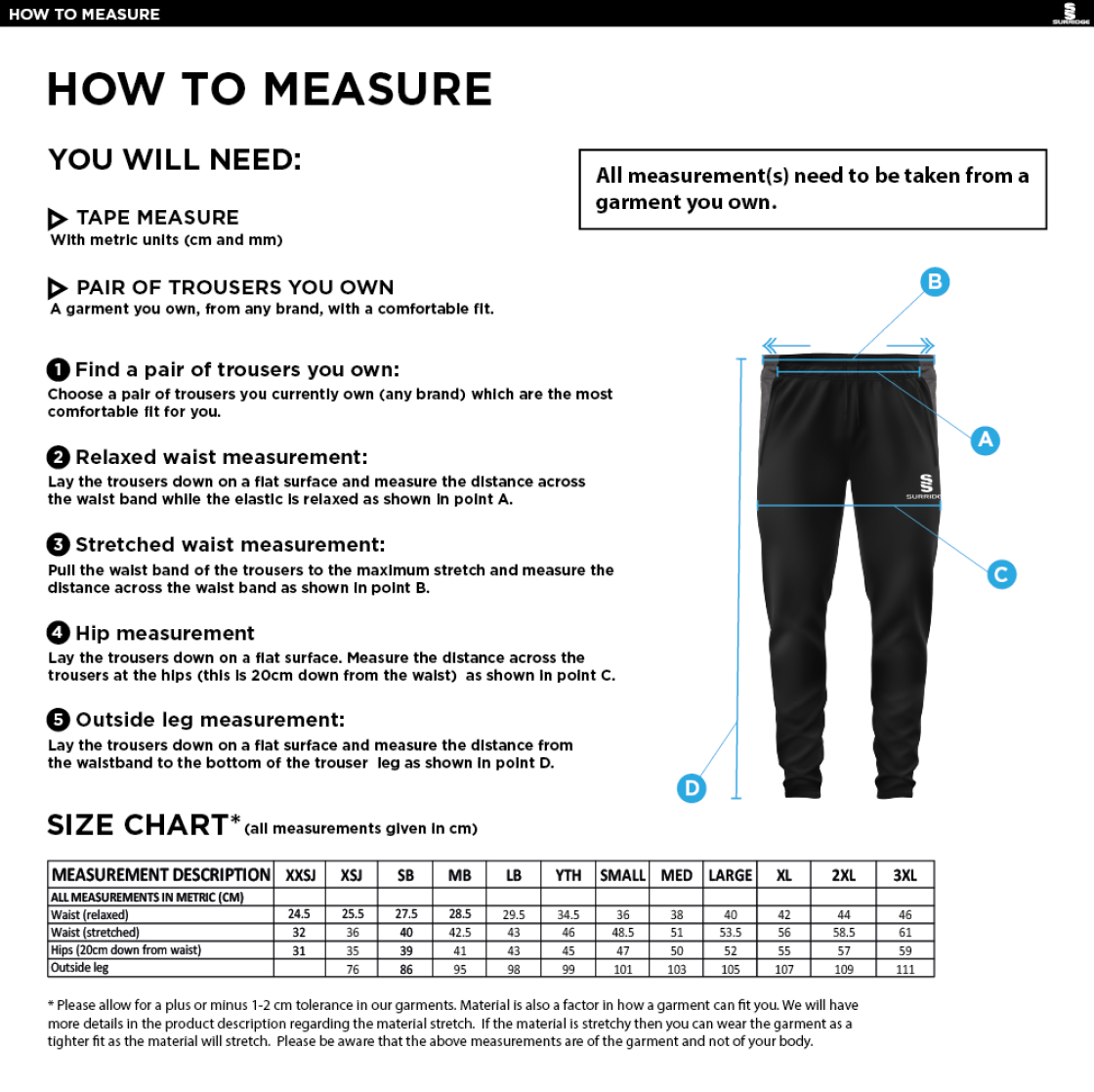 Baxenden Cricket Club Tek Navy Skinny Pants - Size Guide