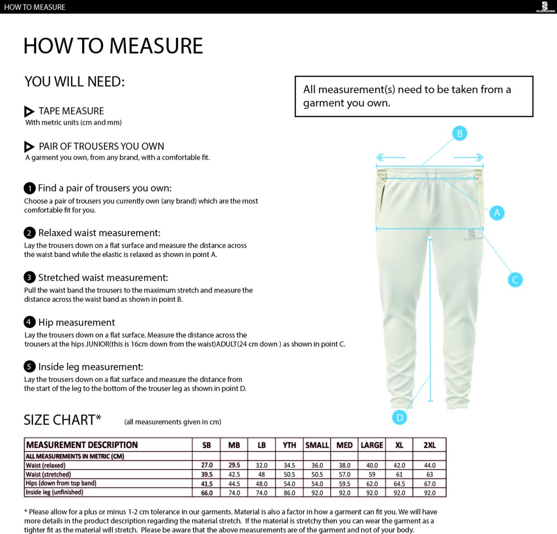 Baxenden Cricket Club Ergo Cricket Pants - Size Guide