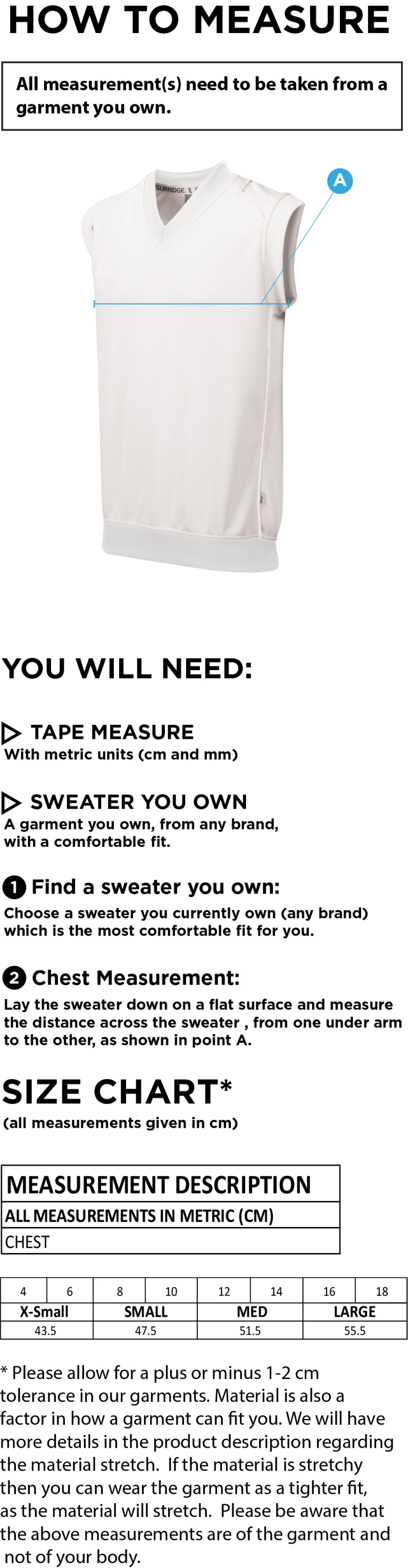 Baxenden CC Blast Sleeveless Women's Cricket Sweater - Size Guide