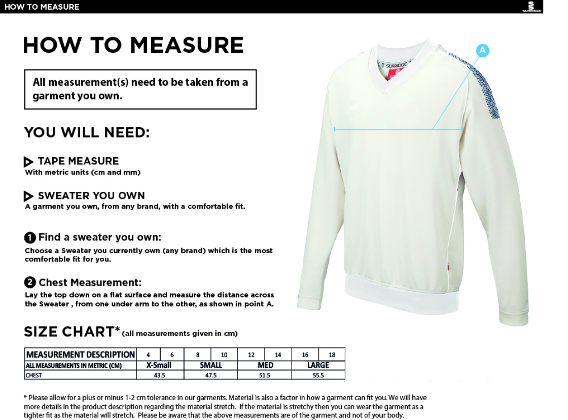 Baxenden CC Blast Long Sleeve Women's Cricket Sweater - Size Guide