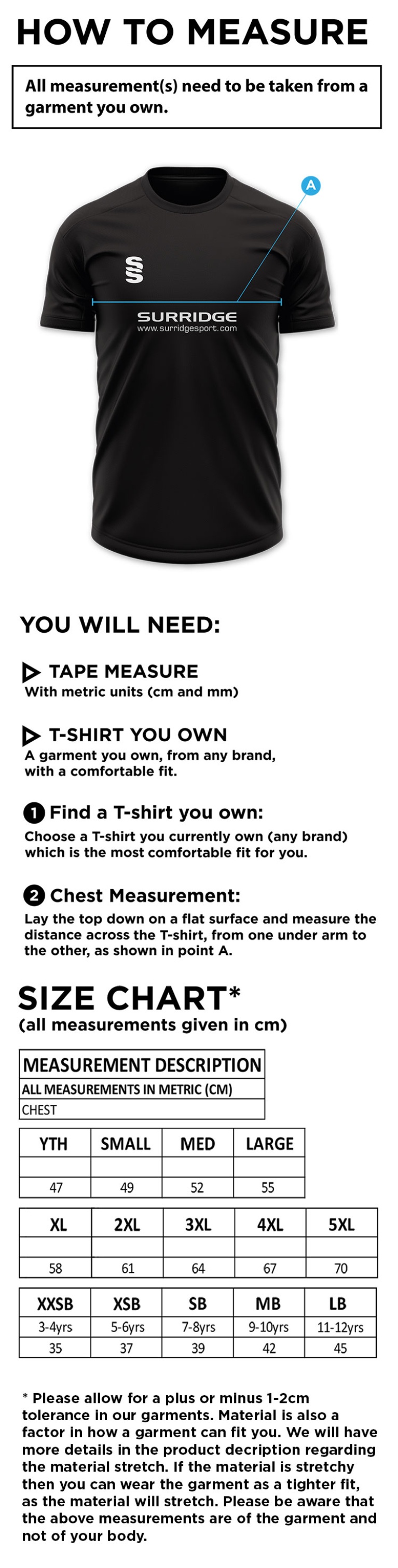 Baxenden Cricket Club Junior Blade Training Shirt - Size Guide