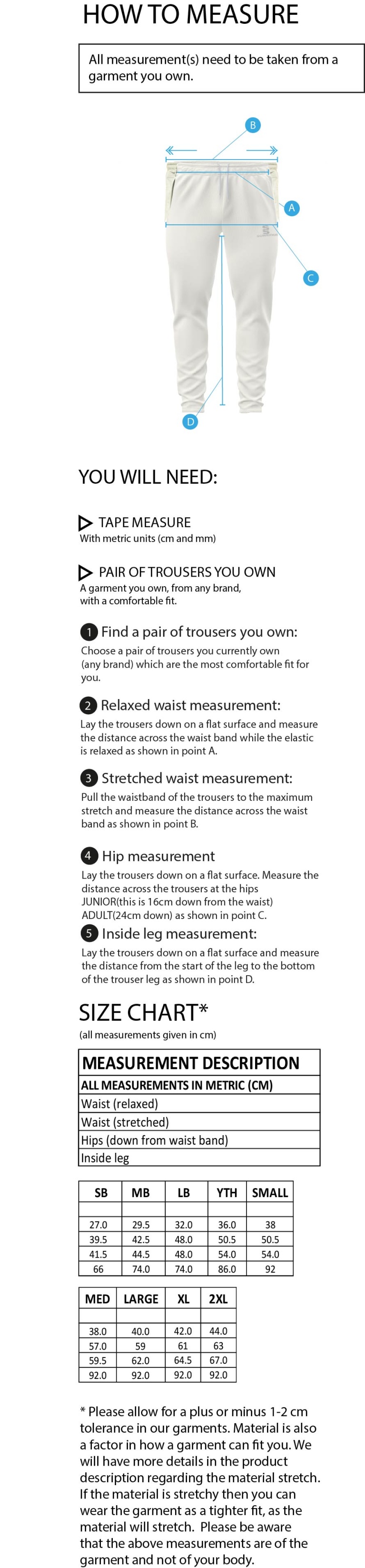 Baxenden Cricket Club Ergo Cricket Pants - Size Guide