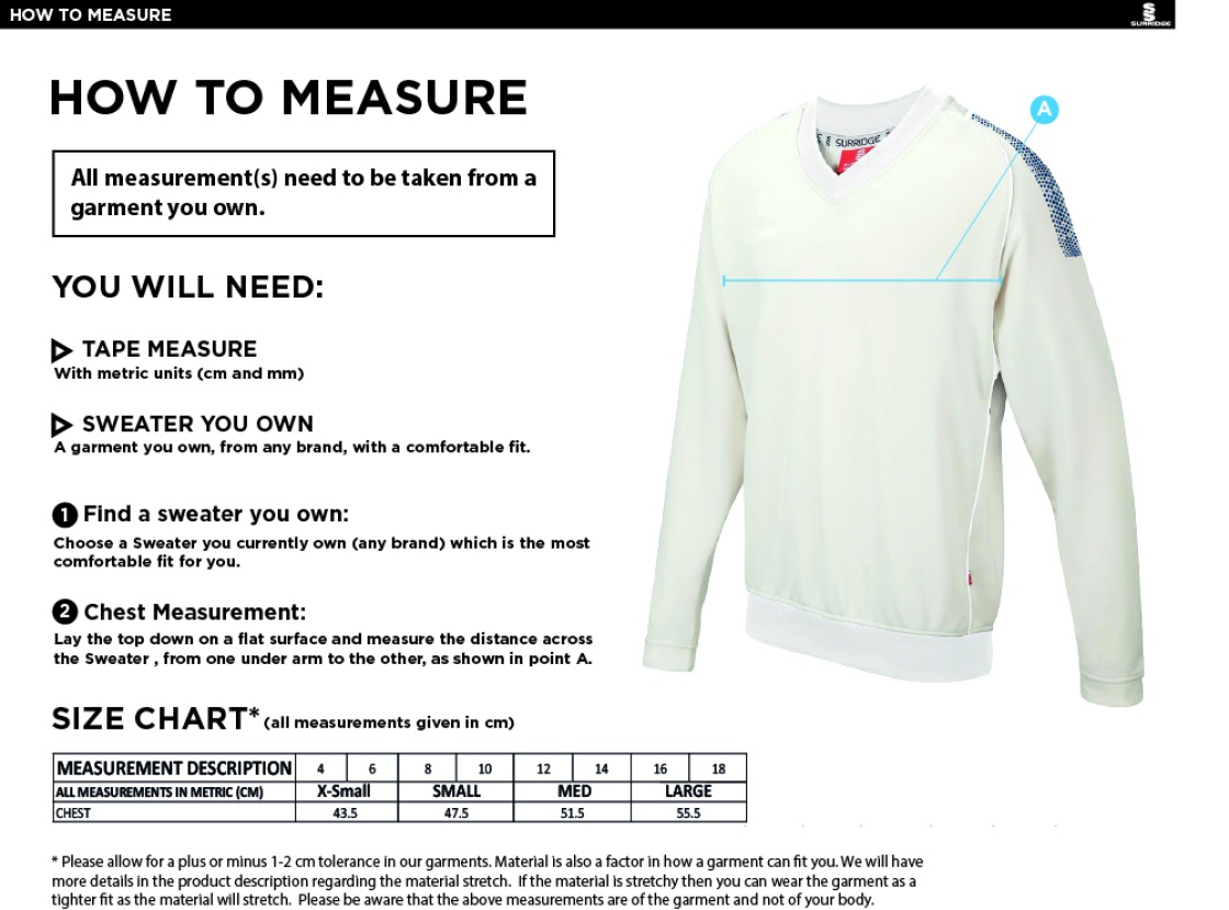Baxenden CC Blast Long Sleeve Women's Cricket Sweater - Size Guide